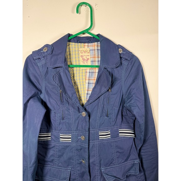 Free People Blue Utility Field Jacket Plaid Lined Striped Waist Tie Women Size 4 - Picture 2 of 8